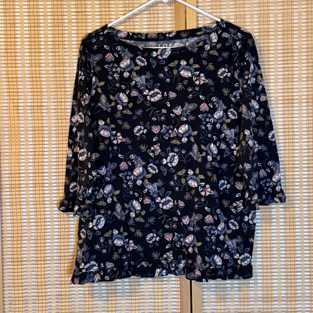 LOFT Plus Floral Ruffle Cuff Hem 3/4 Sleeve Knit Top Navy Blue 16/18 XL/2XL‎